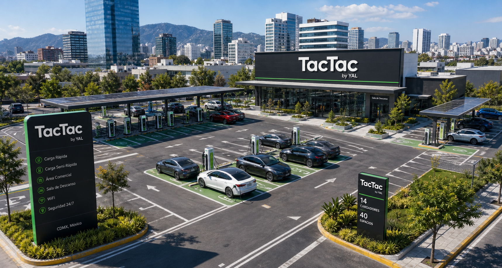 Estación de carga TACTAC con vehículos eléctricos y cargadores