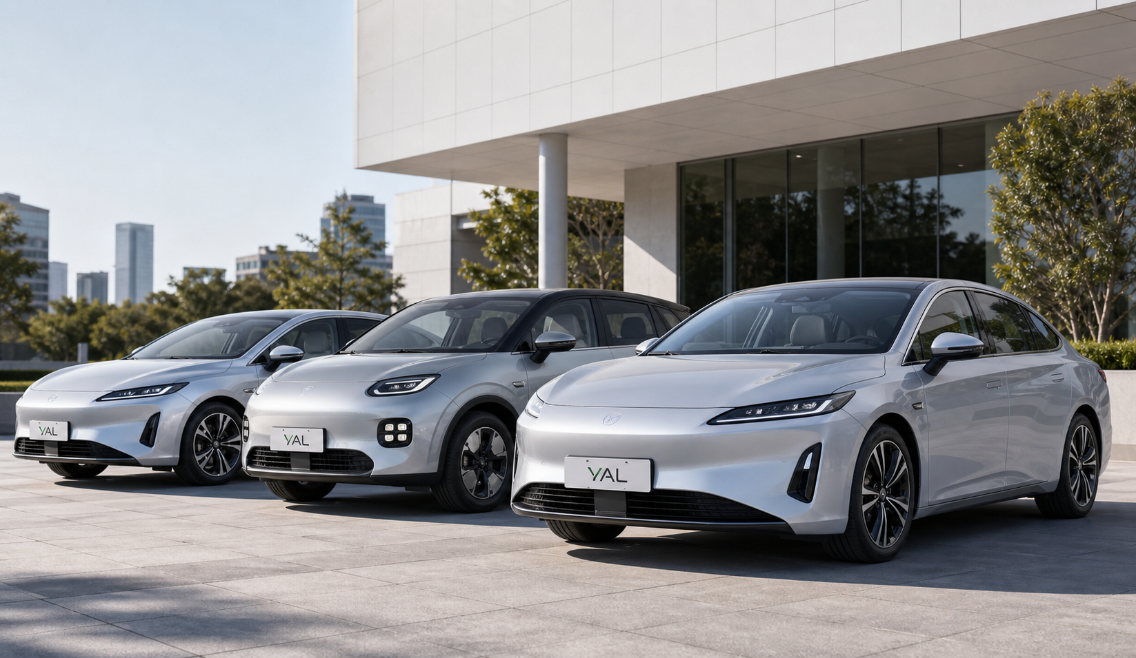 Escena de flota electrica con presencia de marca YAL en placas