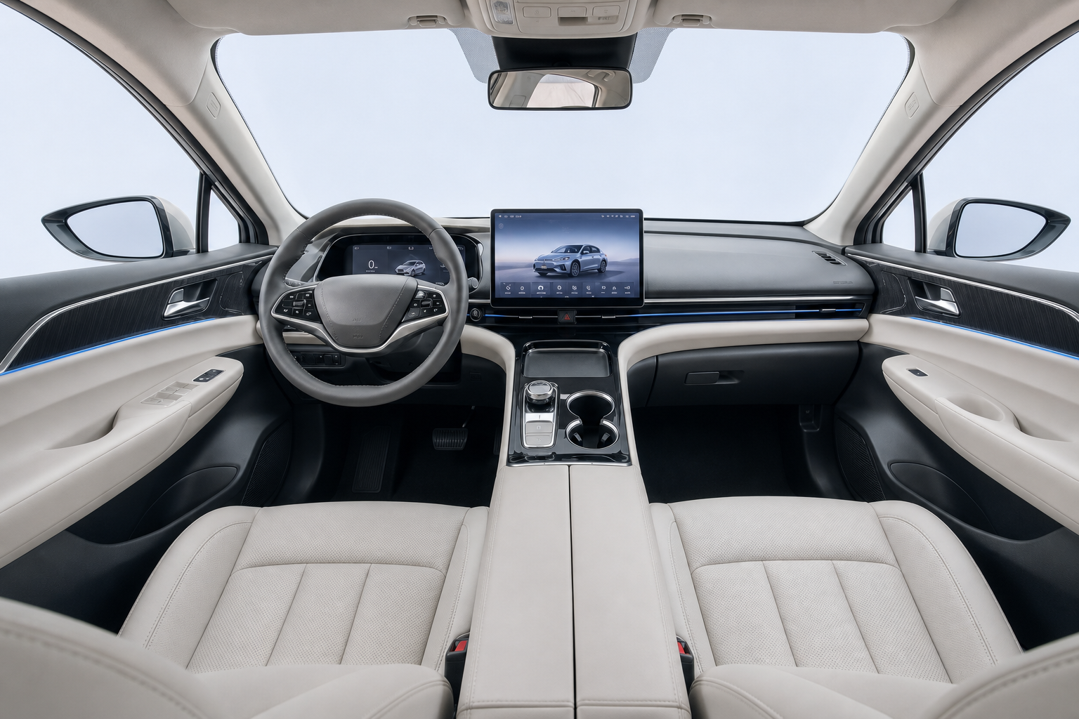Interior de vehículo eléctrico con consola digital y cabina cómoda